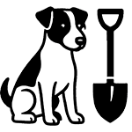A jack russell terrier sitting next to a shovel. 